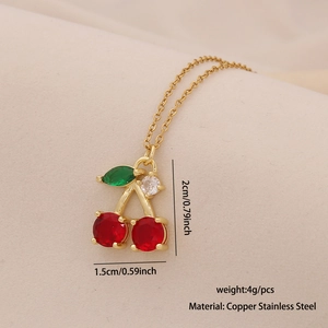 Macro detail of cherry pendant necklace showing dimensions and copper stainless steel specs