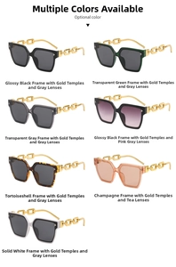 Detailed grid of oversized square sunglasses featuring elegant gold chain temples in 7 colors