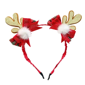 Christmas reindeer antler headband with gold glitter, red plaid bow, and white pom-poms