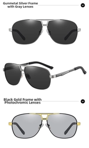 Detail of aviator photochromic sunglasses with gunmetal silver and black gold frames