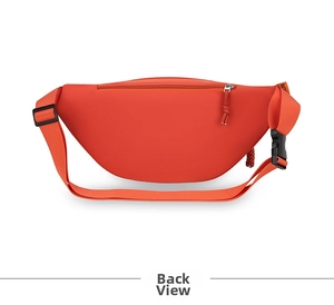 Rear view of red waterproof waist bag showing zipper pocket and adjustable strap