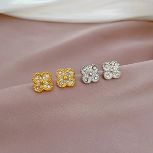Minimalist titanium steel four-leaf clover stud earrings paved with sparkling zircons