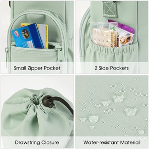 Detail view of water-resistant green bottle carrier with zipper pockets and drawstring