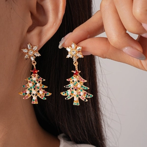 Elegant gold Christmas tree and snowflake earrings with pearls and colorful rhinestones