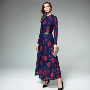 Long-sleeved dark blue lace dress with red floral patterns and a slim waist belt