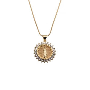 Detail of gold snake chain with religious pendant featuring a halo of zircon crystals