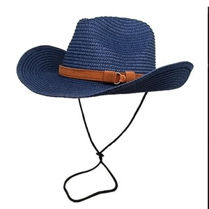 Navy blue woven straw cowboy hat with brown suede band and adjustable wind strap