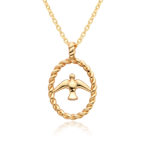 Macro shot of 18k gold bird totem pendant with twisted oval ring on O-chain necklace