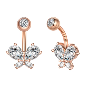 Detailed close-up of rose gold butterfly navel ring with inlaid white zircon stones