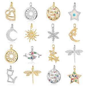 Shiny Copper Cubic Zirconia Pendant Charms Star Moon Evil Eye Sun Dragonfly Shape For DIY Jewelry Making Women Trendy Elegant