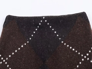 Detailed macro view of diamond knit pattern on high neck sweater and skirt
