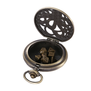 Vintage bronze hollow gear pocket watch case with hollow polyhedral dice set