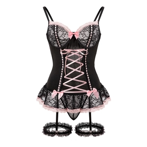 Sexy lace bodysuit with pink bows and garter belts for a seductive style