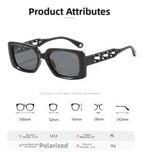 Detailed size specifications for square polarized sunglasses with precise measurements