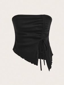 Women's black waffle knit strapless top with drawstring sides and irregular hemline