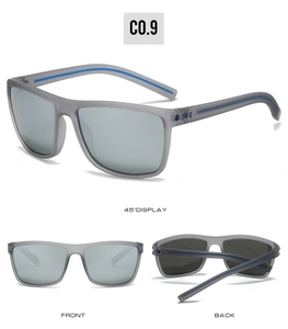 Three perspectives of matte grey polarized sports sunglasses with blue carbon fiber texture