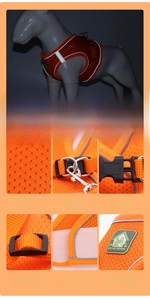 Detail view of breathable orange mesh dog harness with reflective strips and dual D-rings