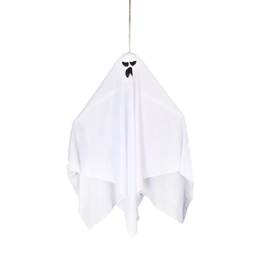 Hanging white ghost Halloween decoration made of fabric with black face and string