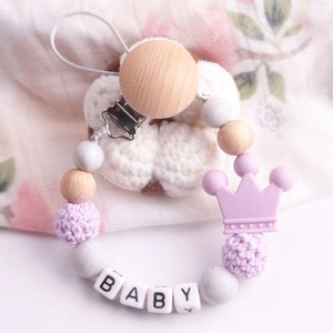 Beech wood pacifier chain with silicone beads and purple crown pendant for baby teething