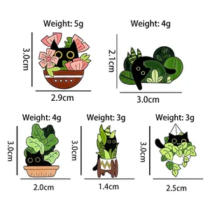 Cute black cat and green plant enamel pins collection with sizes and weight details