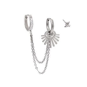 Silver 18K gold-plated tassel ear cuff set with crystal accents and sunburst chain charms