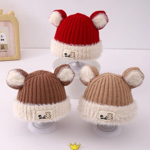 Winter kids bear ears knit hat with warm plush trim and smile badge in three colors