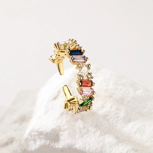 Adjustable 18K gold plated ear cuff with rectangular colorful zircon gemstones