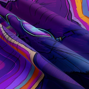 Macro shot of fine textile texture and vibrant purple floral illustration on the tapestry