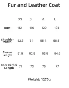 Size chart for faux shearling coat showing bust, shoulder, sleeve, and back length metrics