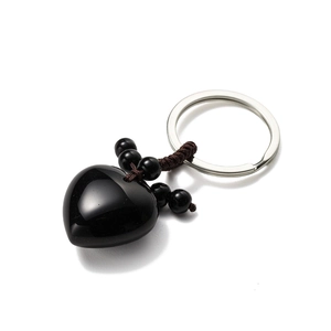 Polished black agate heart keychain with braided cord and matching decorative beads