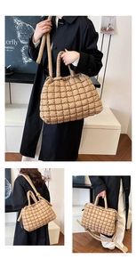 Collage of model wearing beige quilted puffer tote bag with soft square pattern details