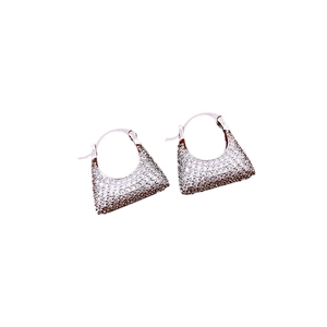 Vintage rose gold hoop earrings with zircon pave setting in a minimalist bag-shaped design