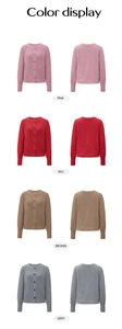 Color display of long sleeve knit button-up sweaters in pink, red, brown and gray colors