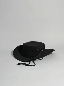 Detail of outdoor sun hat featuring metal ventilation eyelets and adjustable chin strap