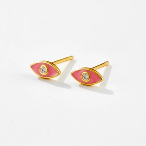 Minimalist S925 silver evil eye stud earrings with pink enamel and sparkling zircon center