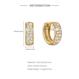 Detailed size specifications for gold 925 sterling silver huggie earrings with zirconia