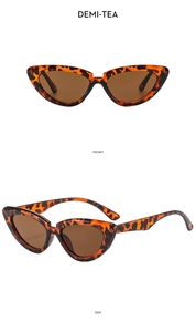 Front and side view of trendy cat eye sunglasses in demi-tea tortoiseshell finish