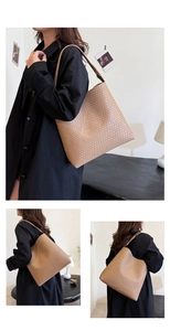Detail of khaki woven oversized tote bag showing textured PU leather and braided strap