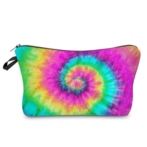 Close-up of vibrant tie-dye rainbow cosmetic bag with black zipper and hand strap