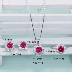Elegant Korean style red ruby necklace earring and ring set with white stones