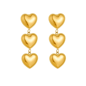Polished gold plated triple heart drop earrings with delicate beaded edge detailing