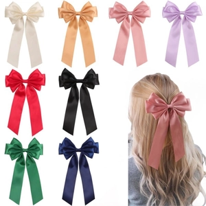 Multi-color satin ribbon bow hair clips set with long streamers for elegant girls