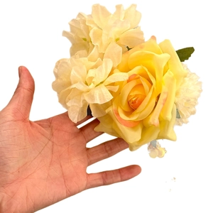 Elegant yellow and white fabric flower hair clip with pearl accents for stylish women