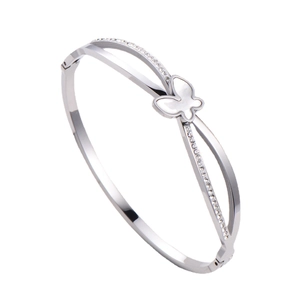 Elegant silver butterfly bangle with white shell inlay and sparkling pavé crystals