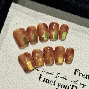 Handmade Press On Nails Amber Tortoise Shell Pattern With Green Gold Glitter Short Square Round Glossy Gel Reusable