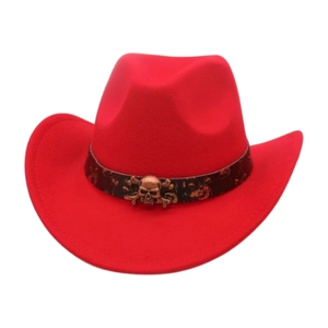 Detail of red wool felt western cowboy hat featuring a copper skull and crossbones emblem