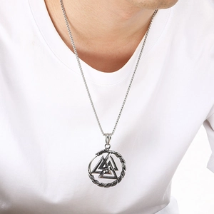 Men's vintage silver Viking Valknut pendant necklace with Ouroboros symbol on pearl chain