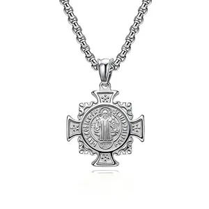 St Benedict Exorcist Medal Cross Pendant Necklace Vintage Stainless Steel Religious Jewelry For Men And Women