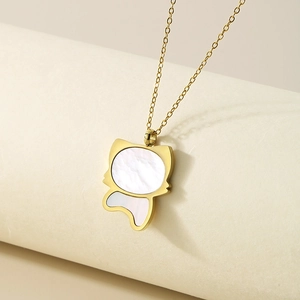 Golden cat pendant necklace with white mother of pearl inlay for women's jewelry
