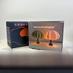 Detail of the packaging for the handmade natural sea urchin shell mini nightlight